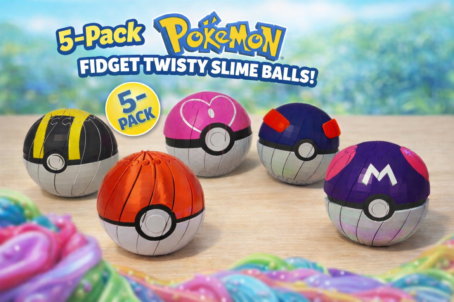 5-pack Pokemon Pokéball slime fidget balls in assorted colors