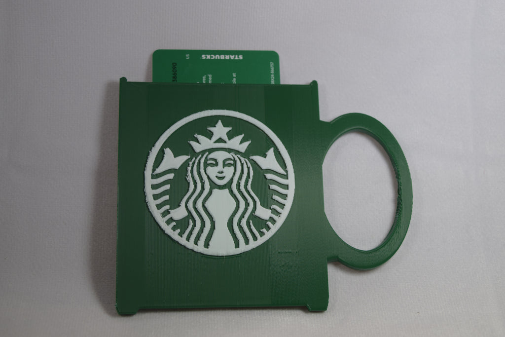 Starbucks mug gift card holder, green 3D-printed with a white Starbucks logo.