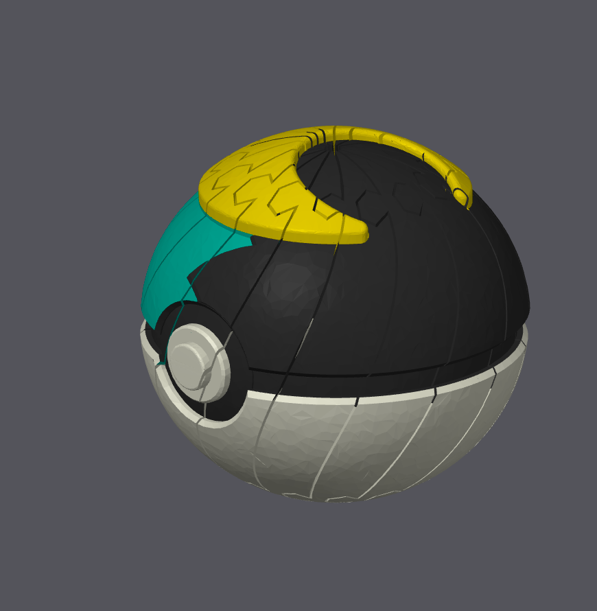 Moon Ball Poké Ball twisty slime fidget by Bryans3dPrints, teal panel, yellow top ring, black/gray body.