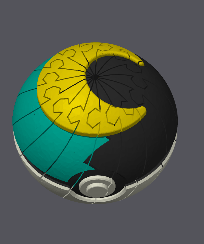 Moon Ball Pokeball Twisty Slime Fidget; teal, black and yellow moon pattern on a Pokeball base, Bryans3dPrints.