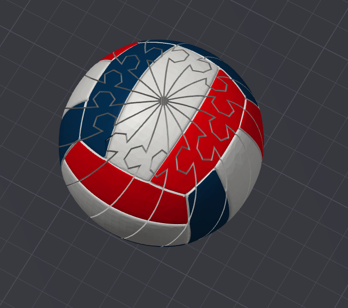 Volleyball Twisty Slime Fidget ball in red, white, and blue with interlocking seam puzzle pattern