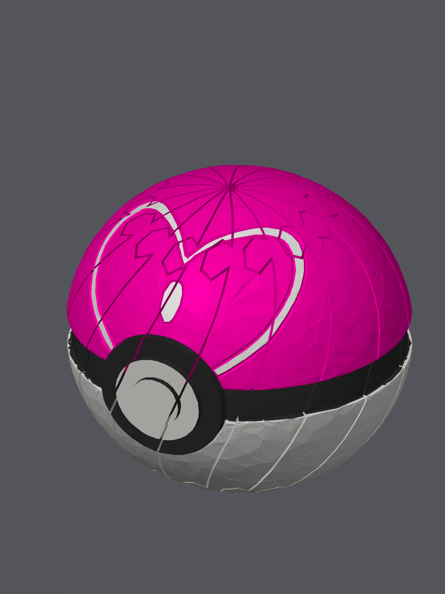 Love Ball Pokéball twist slime fidget by Bryans3dPrints, pink top half with white heart, gray bottom.