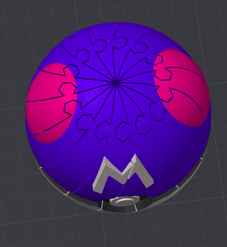 Master Ball Pokéball twisty slime fidget; purple sphere with pink-red panels and a silver M logo
