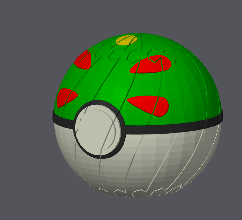 Friend Ball Pokeball Twisty Slime Fidget by Bryans3dPrints; green top with red patches, gray bottom.