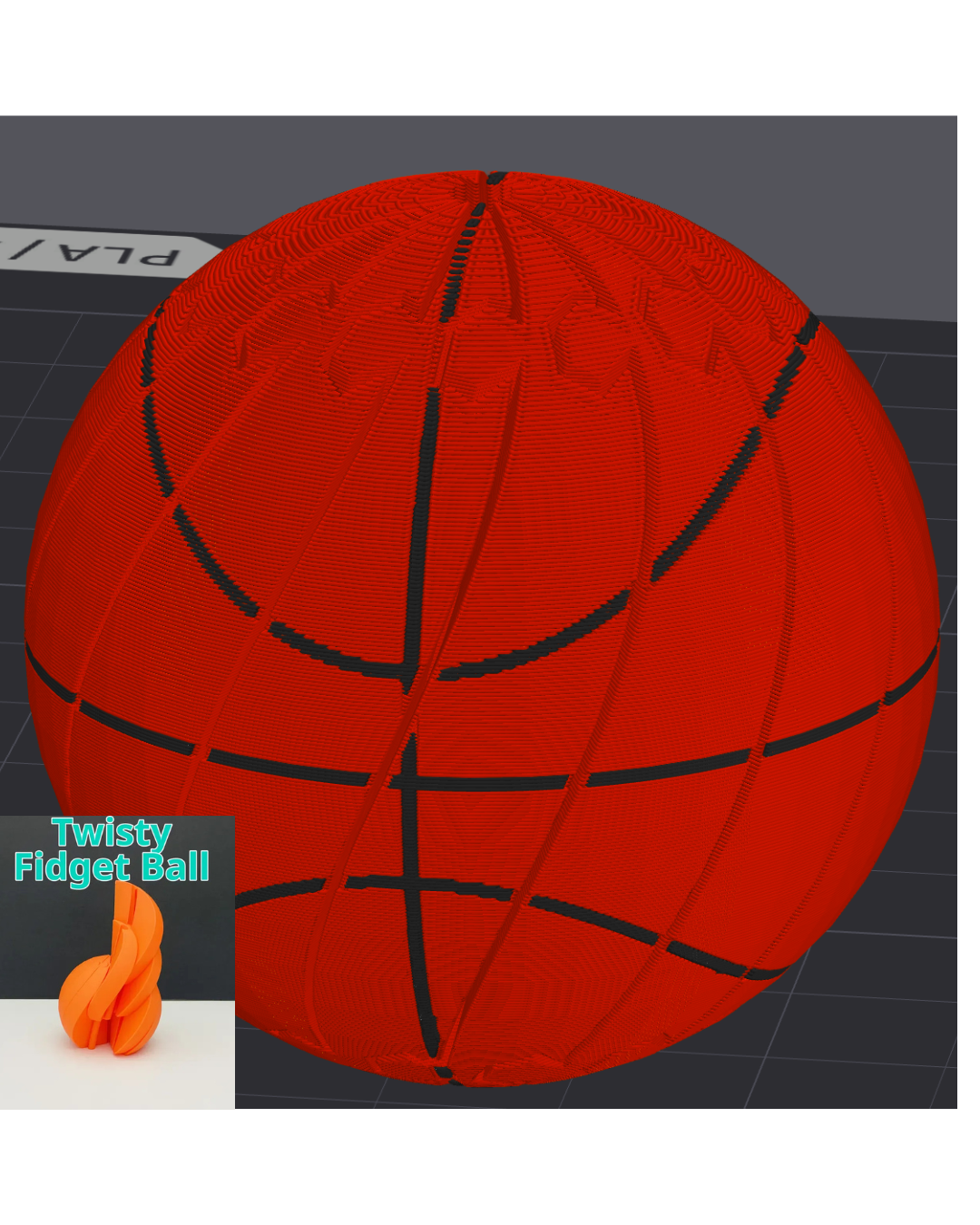 Basketball Twisty Slime Fidget by Bryans3dPrints; red ball with black seams, inset orange twisty fidget.