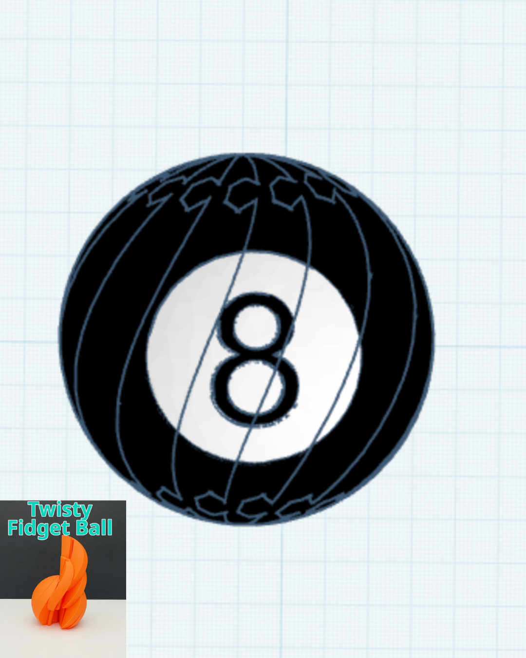 8-Ball Twisty Slime Fidget toy, black billiard-style ball with white center.
