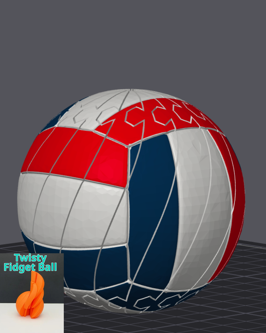 Volleyball Twisty Slime Fidget ball with red, white and blue panels; orange twisty fidget ball inset